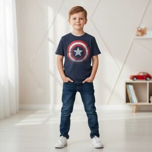 Marvel Captain America Shield Boys Graphic T-Shirt Navy Blue Short Sleeve Size L